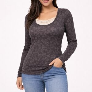 BKE Long Sleeve Burnout Floral Scoop Neck Top Women’s Large Brown